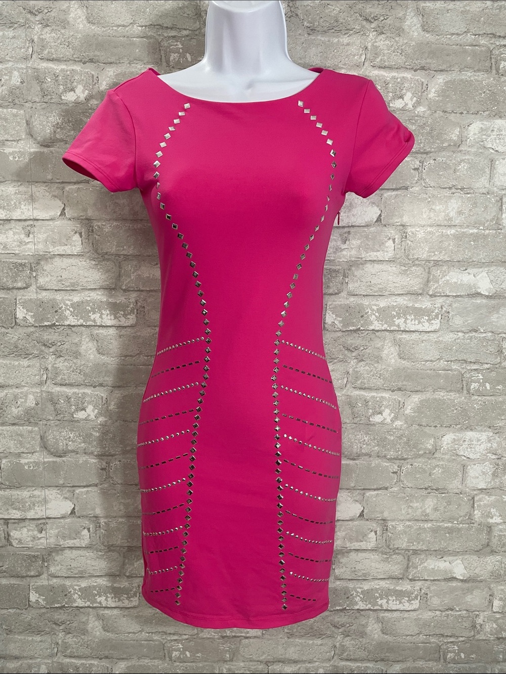 bebe Hot Pink Stud-Trim Bodycon Mini Dress